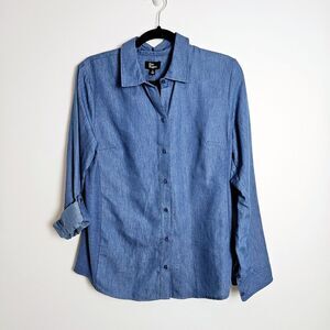 Kim Rogers Botton Front Blouse Top Womens Size S Chambray Blue Roll Tab Sleeves‎